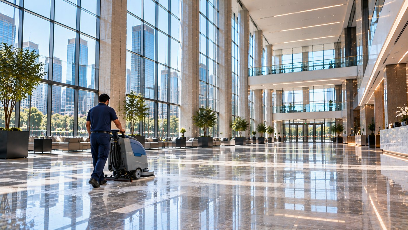 Beeta technician running a floor scrubber across a bright commercial lobby