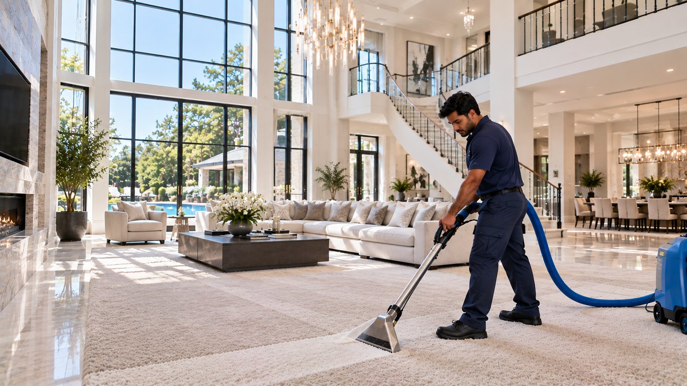 Beeta technician deep cleaning a living room carpet with an extraction wand