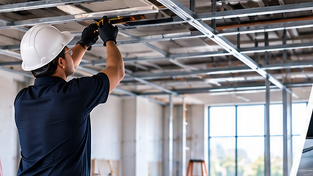 Technician in a hard hat working on ceiling framing during a rebuild