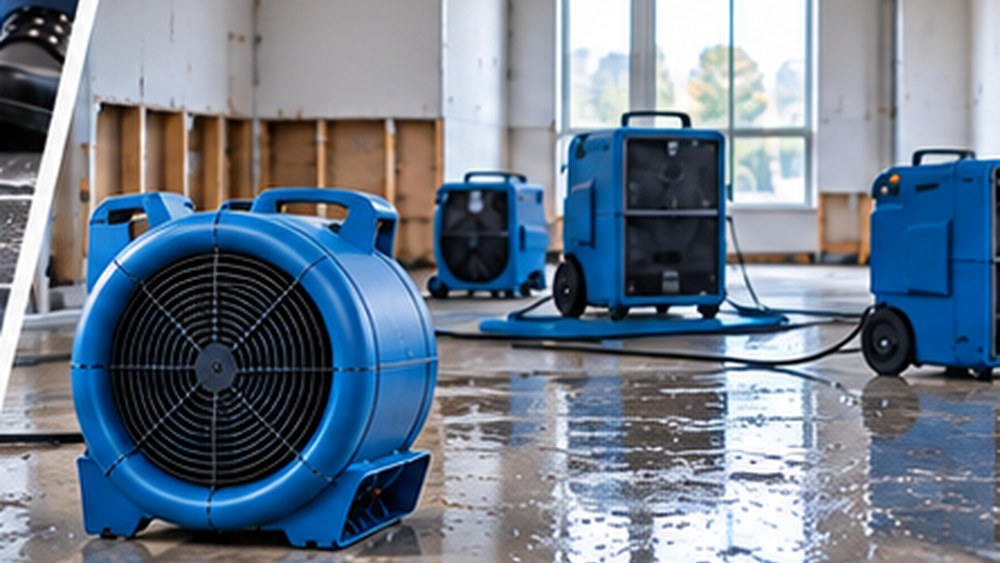 Air movers drying a stripped room after water damage