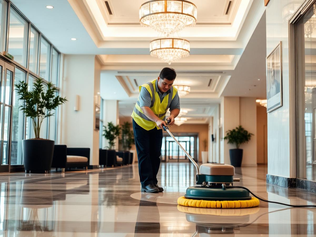 Maintenance worker polishing a commercial lobby floor